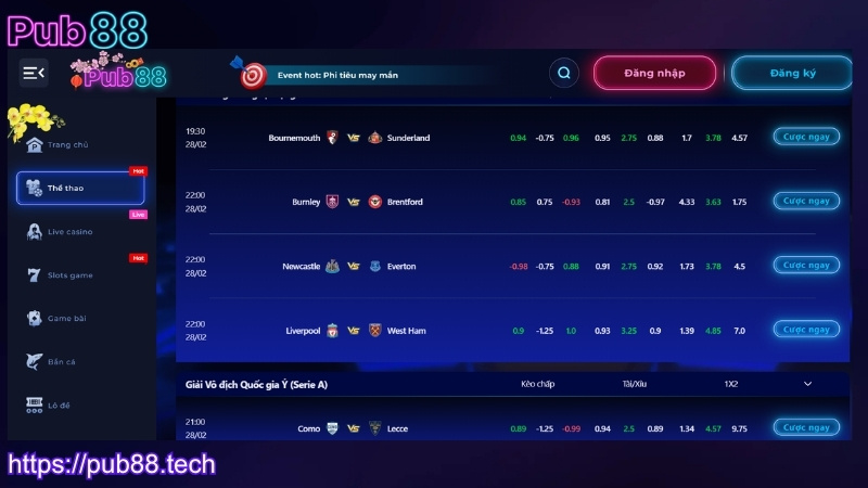 Bộ môn và kèo cược phổ biến tại sảnh thể thao PUB88