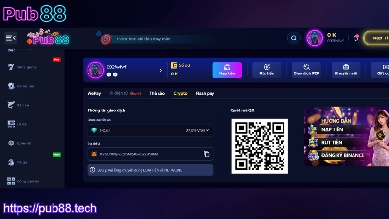 Nạp tiền PUB88 qua ví tiền ảo crypto