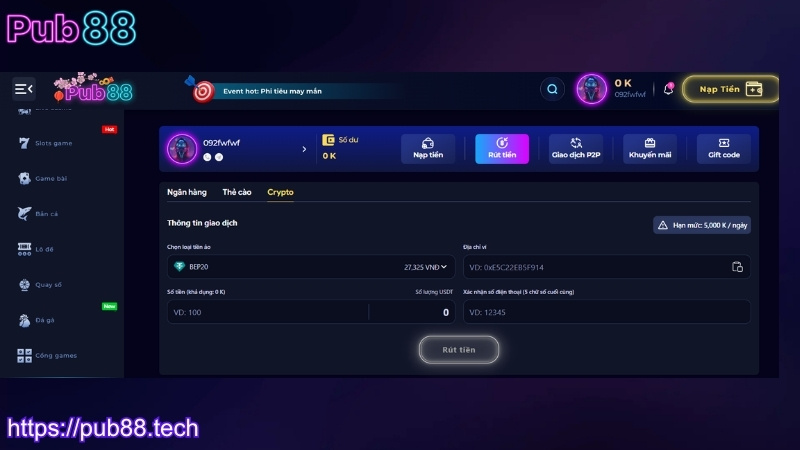 Rút tiền PUB88 qua ví crypto